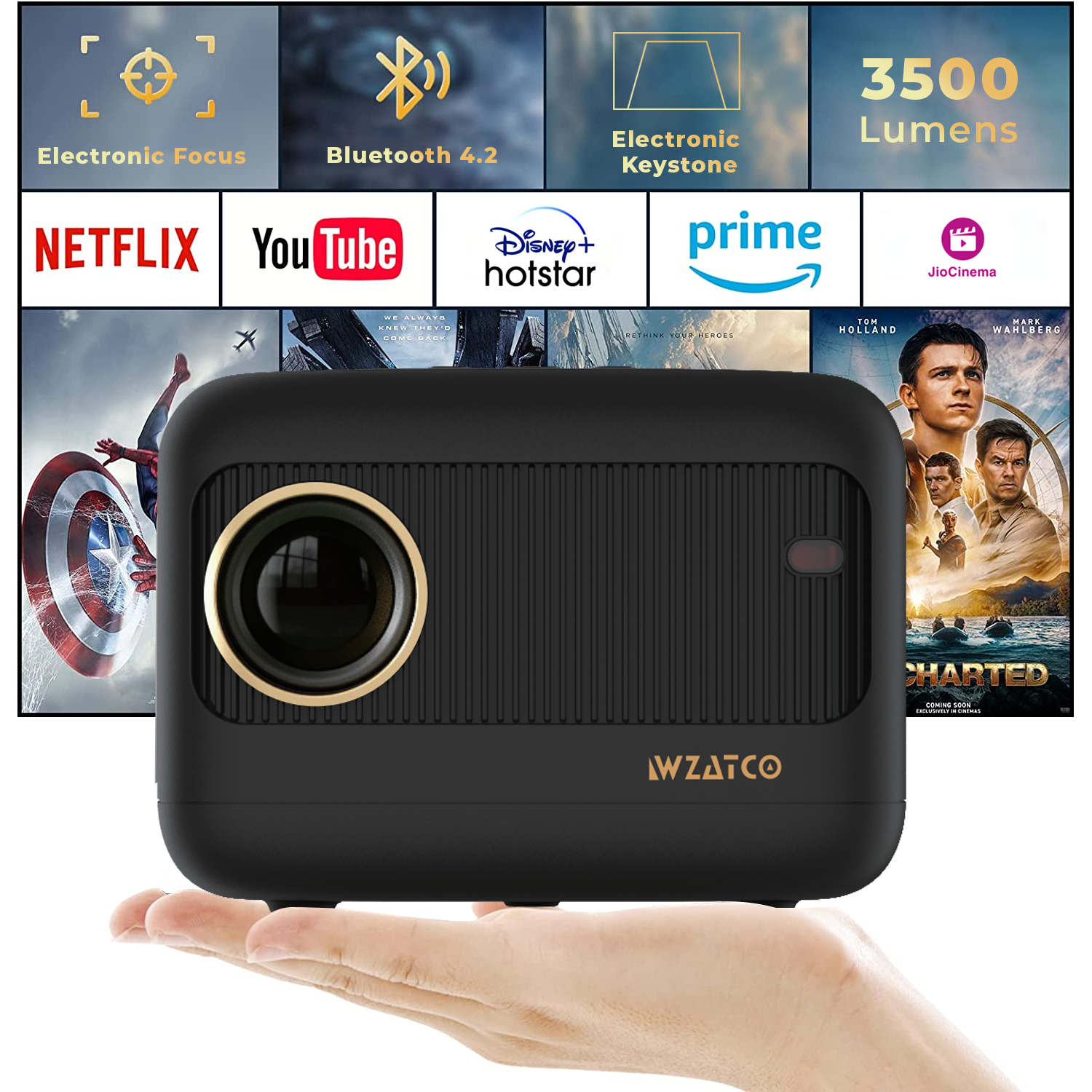 WZATCO T7 DLP 3D Projector Smart Proyector Bluetooth 5 300Inch Portable  mini Android 9.0 WIFI Beamer Built-in battery 15600 mAh Color: T7 with 3D  glasses